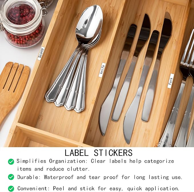 100Pcs Self-Adhesive Drawer Divider Labels – Clear Address Stickers for Organized Storage – Bamboo Silverware Drawer Divider Labels