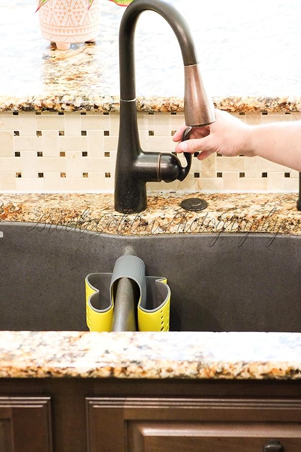Sink Caddy Sponge Holder - Kitchen Soap Holder - Plastic Saddle Faucet Caddy - Organizer for Brushes, Sponges, Soap, Utensils (Yellow)