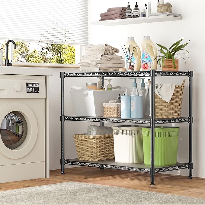 3-Tier Storage Shelves 795LBS Metal Shelving Unit, Adjustable Wire Rack Small Shelf Organizer with 3 Shelf Liners for Kitchen Pantry Office Bedroom Closet Garage 24" W x 14" D x 30" H Black