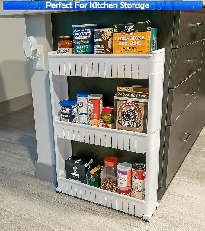 Slim Rolling Storage Cart - Narrow Slide Out Shelving Utility Cart - Mobile Storage for Laundry, Bathroom, Kitchen & Between Washer and Dryer.
