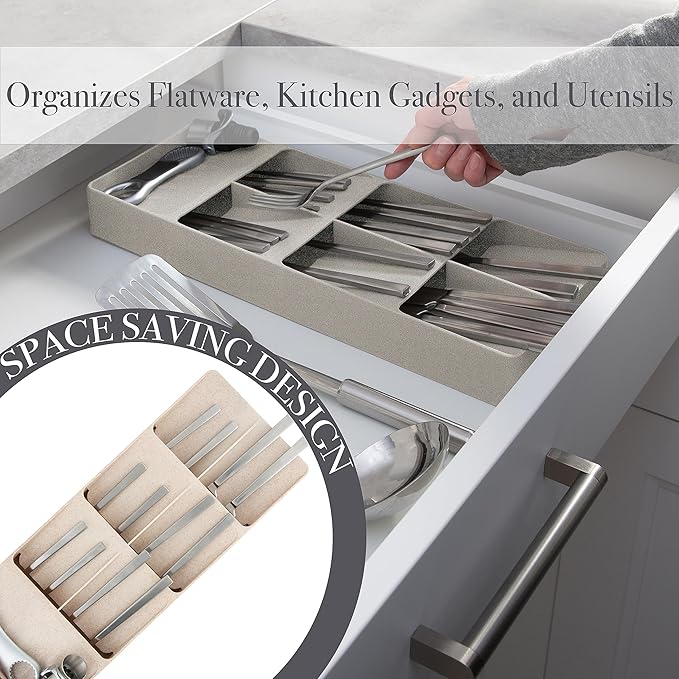 Kitchen Details 7 Slot Cutlery Drawer Organizer | Utensil Tray | Silverware Holder | Knife Spoon Fork | Flatware Storage & Organization | Natural