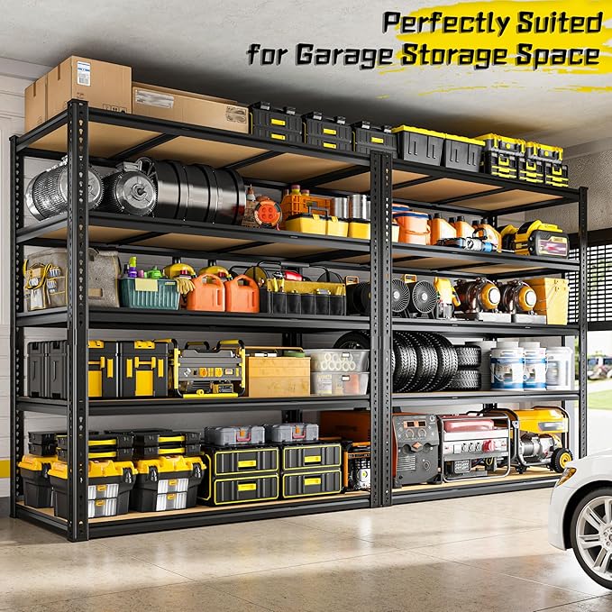 48" W Garage Shelving Heavy Duty 3050LBS Garage Storage Shelving, 5 Tier Adjustable Metal Shelving Unit Utility Rack Shelf for Warehouse, Pantry, Closet, Kitchen 72" H x 48" W x 24" D, Black,2PCS