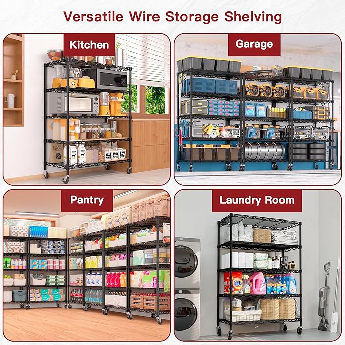 PrimeZone Wire Shelving Unit with Wheels, 5 Tier Adjustable NSF Certified Heavy Duty Metal Storage Shelves, Pantry Organizer Shelf Rolling Bakers Rack for Closet Garage, 24" W x 18" D x 75" H, Black