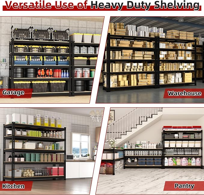 Heavy Duty Metal Storage Shelves - 48" W x 24" D x 72" H 5 Tier Adjustable Garage Shelving Unit, Industrial Utility Rack Shelf for Warehouse, Pantry, Kitchen, Black, 4 PCS
