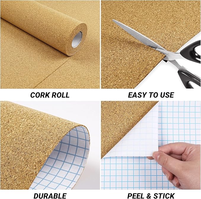 Decotalk Multi-purpose Cork Shelf Liner - 3ftx10ft Self Adhesive Cork Drawer Liners for Kitchen Peel and Stick Corks Liners for Cabinets and Drawers, Brown, Self-Adhesive Corks Sheet Roll, Easy to Use