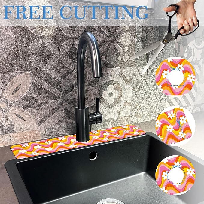 Faucet Mat Splash Guard Retro Floral Daisy, Soft Diatom Mud Material, Strong Water Absorption, Non-slip,Easy to Clean for Bathroom, Kitchen 23.5"X5.5"