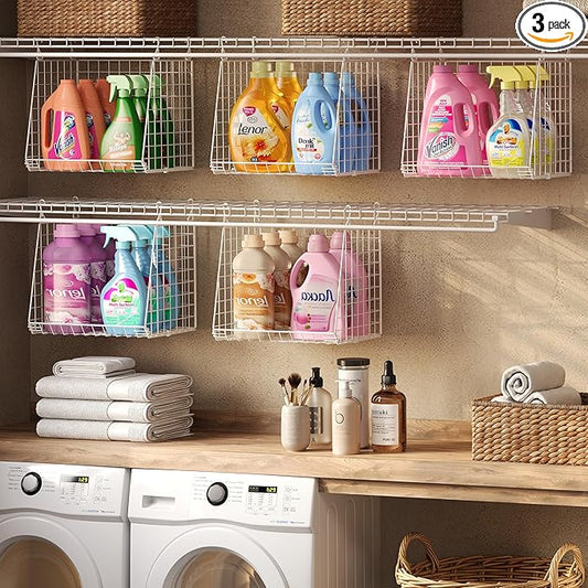 3-Pack Extra-Tall 13.6'' Hanging Laundry Basket Organizer, Foldable Wire Shelf with 360° Rotating Hooks & Reinforced Height - Durable Space-Saving Laundry Room & Closet Organizer, White Patent