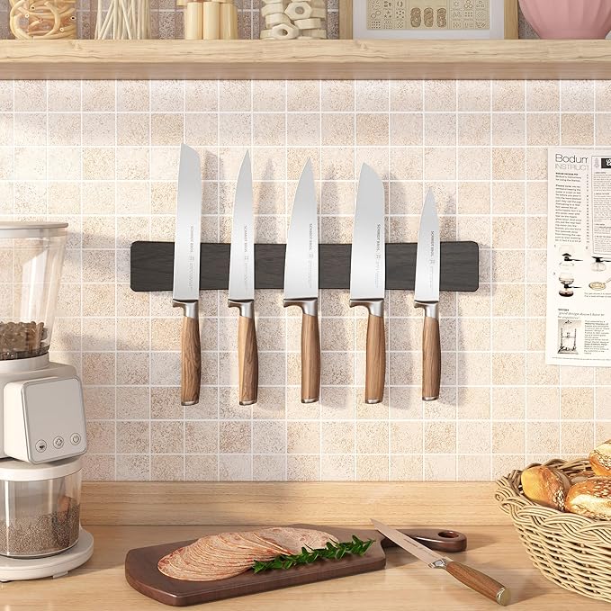 Magnetic Knife Holder for Wall, 16" Acacia Wood No Drill Knife Magnet Strip Use as Tool Key Storage Knife Bar, Powerful Wall Mounted Magnetic Knife Rack for Refrigerator & Kitchen Utensil Organizer