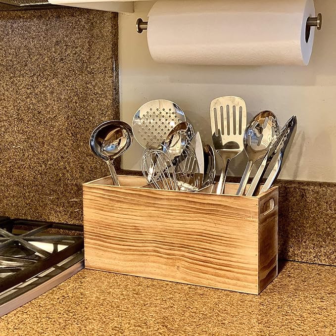 Wood Utensil Holder Organizer for Counter - Large Wooden Utensil Caddy for Countertop - 3 Compartment Cooking Tool Storage for Spatula - Farmhouse Kitchen Decor and Accessories