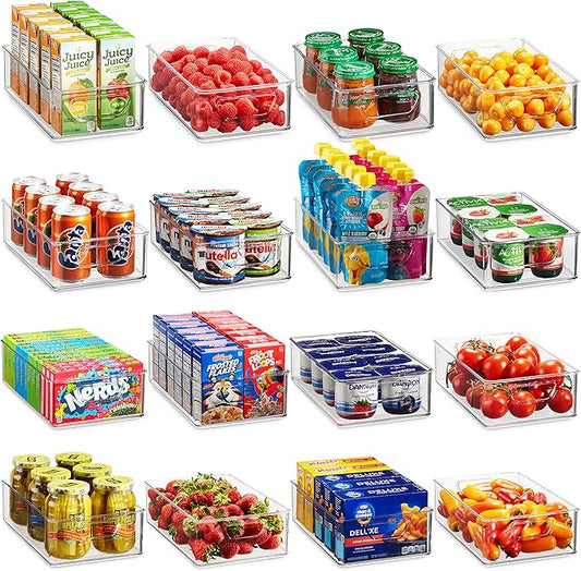 Munfix Set Of 16 Refrigerator Organizer Bins - Plastic Pantry Organization and Storage Baskets - Stackable Food Fridge Organizers with Cutout Handles for Freezer, Kitchen, Countertops, Cabinets