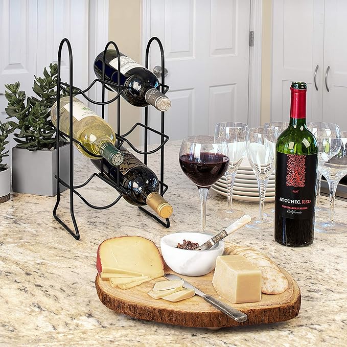 Spectrum 6 Bottle Wine Rack Freestanding Countertop Wine Bottle Holder Storage, Modern Black Metal Wire Wine Rack Organizer for Kitchen Counter Tops Base Cabinet Insert Pantry 3 Tier Wine Shelf
