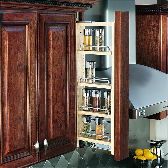 Rev-A-Shelf Kitchen Cabinet Pullout Wall Filler Wooden Organizer Slide Out Pantry Storage w/Soft-Close in Multiple Sizes, 3 x 33 In, 432-WFBBSC33-3C
