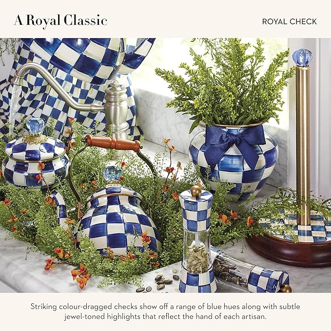 MACKENZIE-CHILDS Wood Paper Towel Holder, Decorative Paper Towel Holder for Kitchen, Blue-and-White Royal Check
